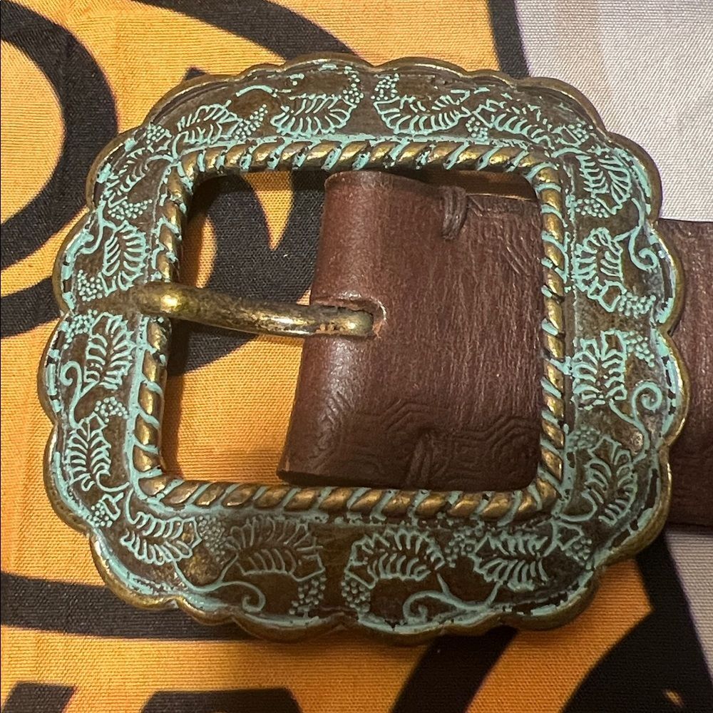 Wilson Brown Leather Belt with Gold Blue Antiqued Western Style Buckle - Picture 2 of 5